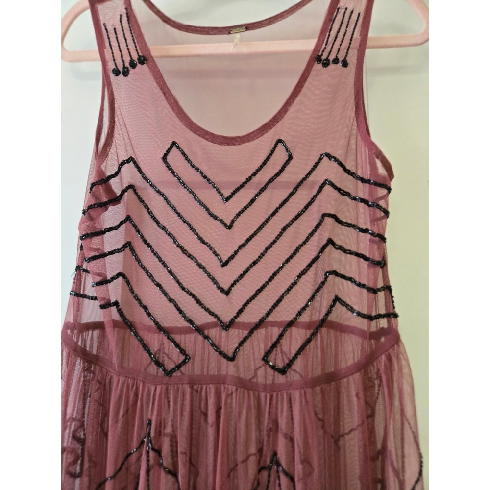 Free People Mauve Mesh Beaded Chevron Drop Waist Sleeveless Mini Dress Small - Picture 3 of 11